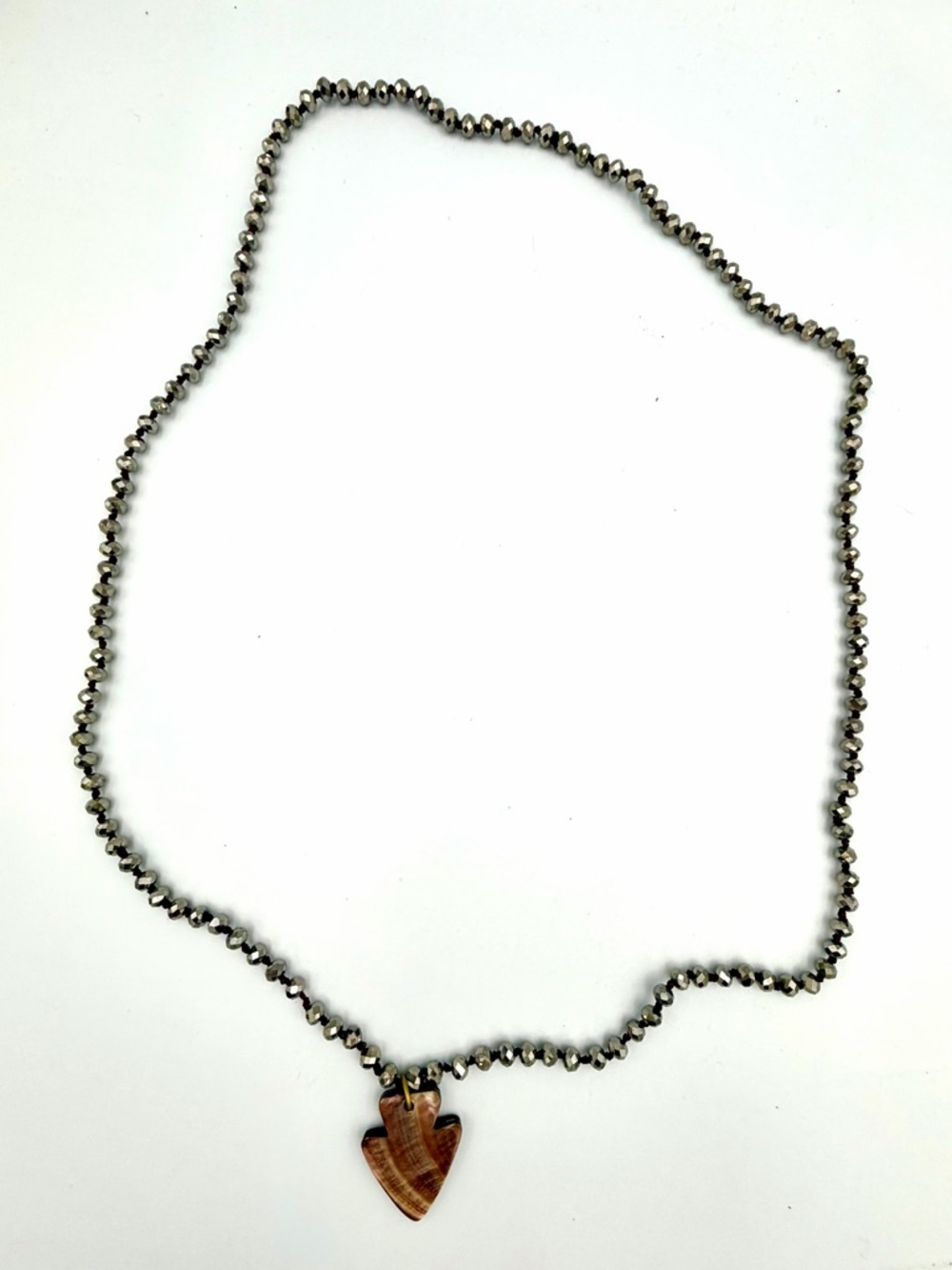 Silver Beaded Necklace with Brown Arrowhead Pendant